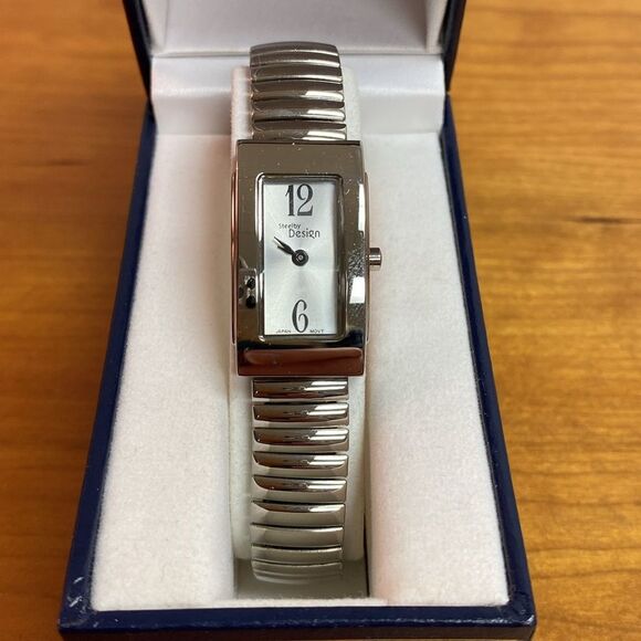 Steel by Design Ladies Silver Tone Stainless Steel Rectangle Face Watch - Picture 1 of 8